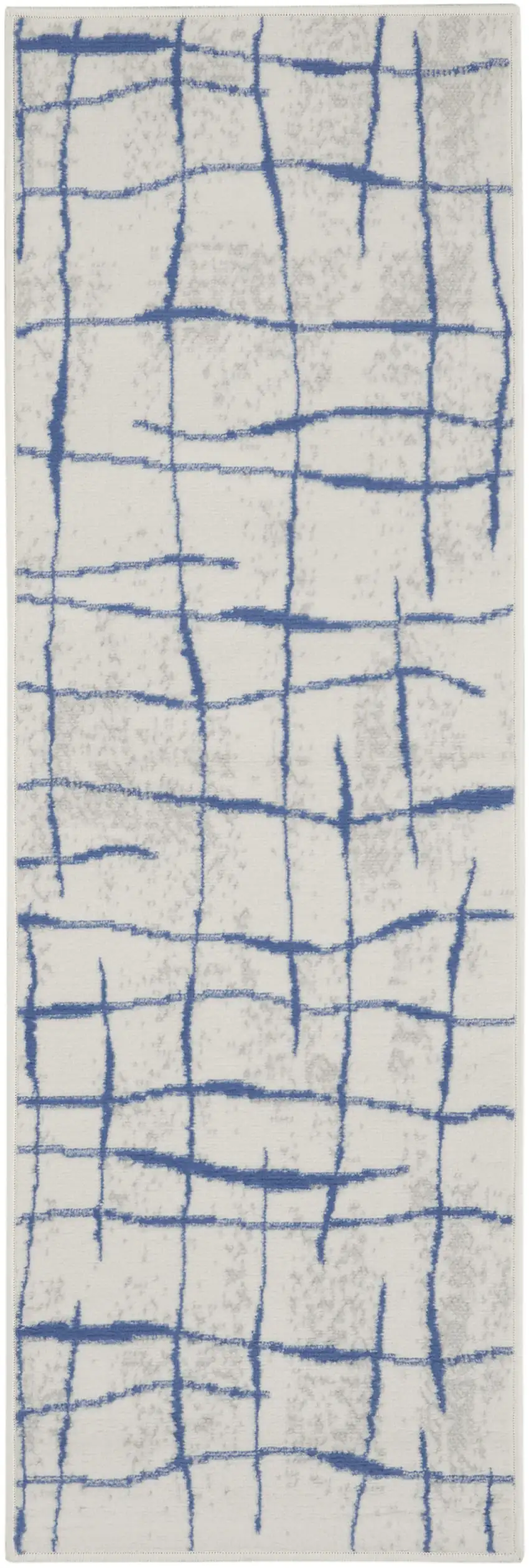 8' Ivory and Blue Abstract Distressed Non Skid Runner Rug Photo 7
