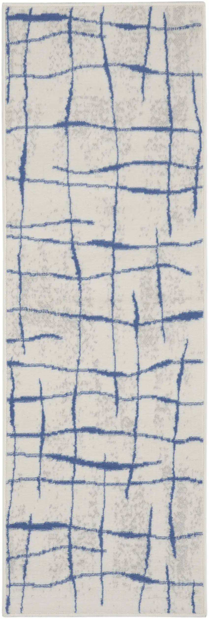 8' Ivory and Blue Abstract Distressed Non Skid Runner Rug Photo 2