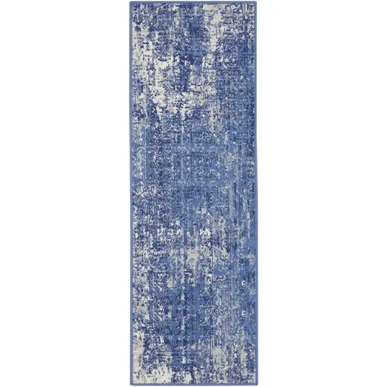 8' Ivory and Blue Abstract Distressed Non Skid Runner Rug Photo 2