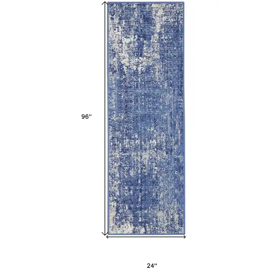 8' Ivory and Blue Abstract Distressed Non Skid Runner Rug Photo 3