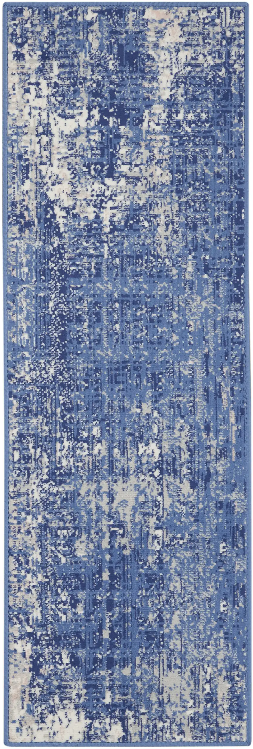 8' Ivory and Blue Abstract Distressed Non Skid Runner Rug Photo 1