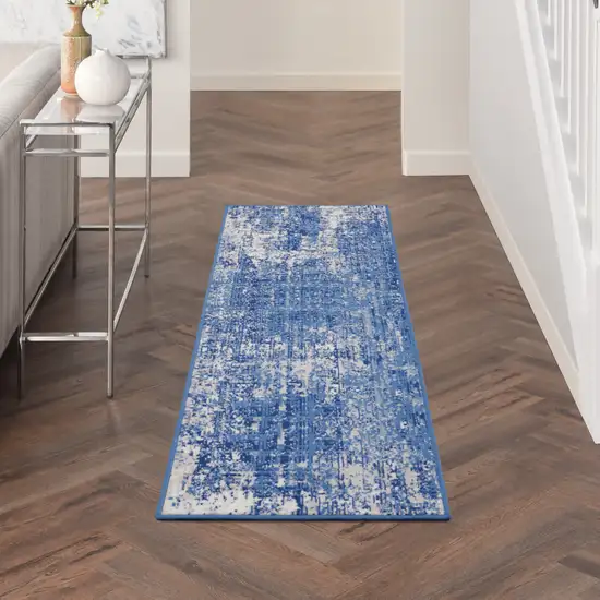 8' Ivory and Blue Abstract Distressed Non Skid Runner Rug Photo 9