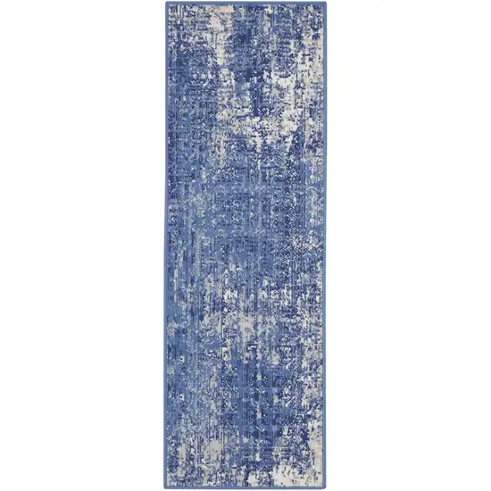 8' Ivory and Blue Abstract Distressed Non Skid Runner Rug Photo 6