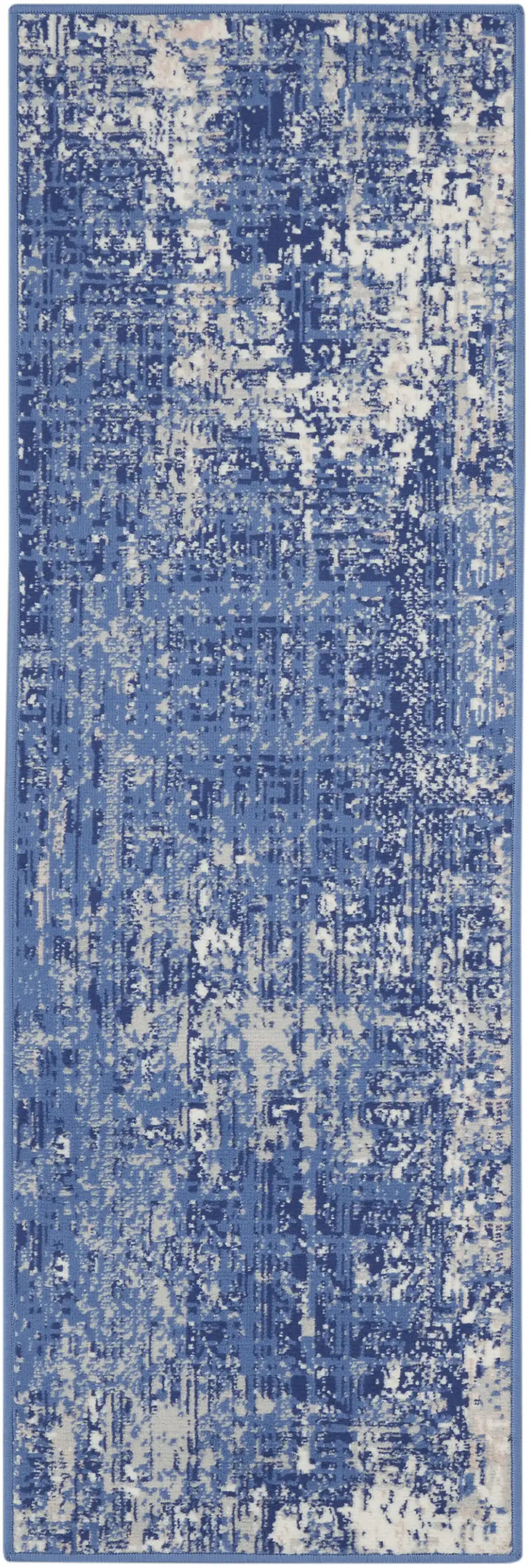 8' Ivory and Blue Abstract Distressed Non Skid Runner Rug Photo 6