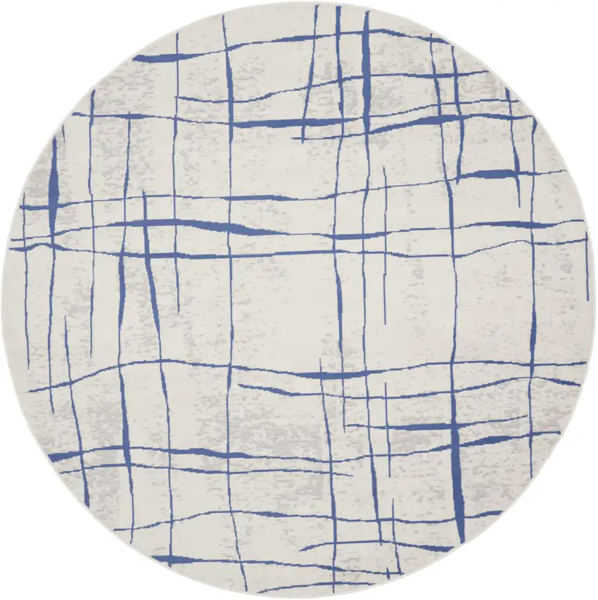 8' Ivory and Blue Abstract Distressed Round Rug Photo 1