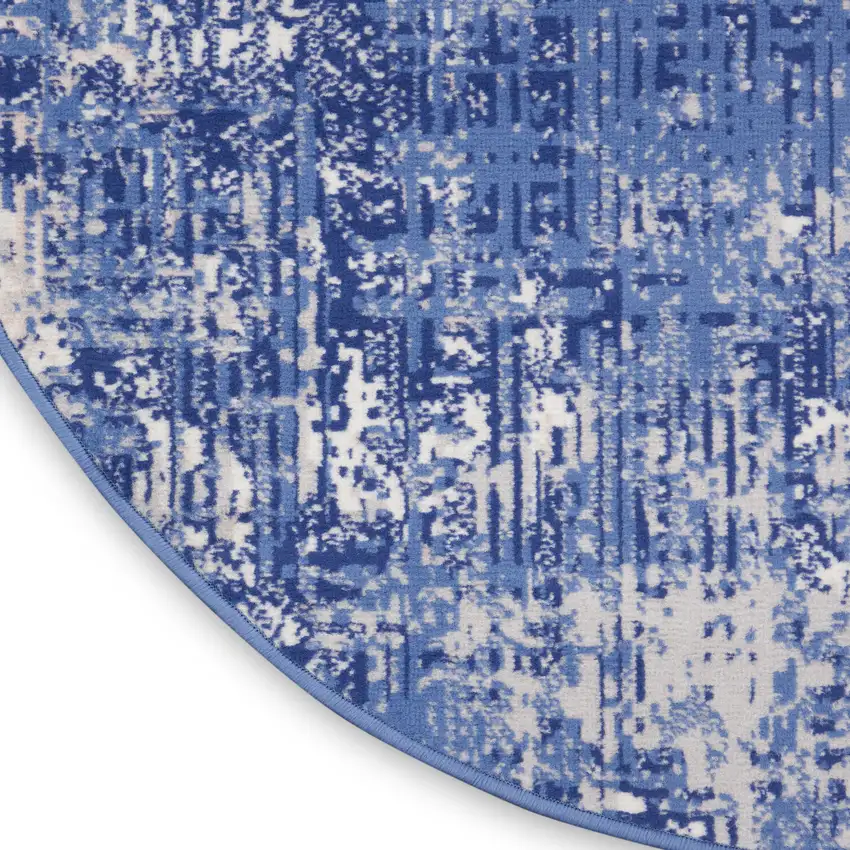 5' Ivory and Blue Abstract Distressed Round Rug Photo 8