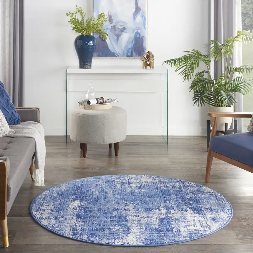 5' Ivory and Blue Abstract Distressed Round Rug Photo 6