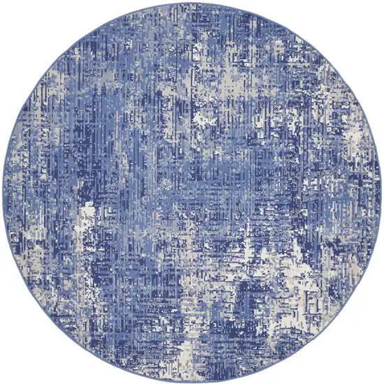 5' Ivory and Blue Abstract Distressed Round Rug Photo 1