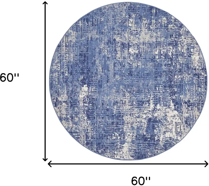 5' Ivory and Blue Abstract Distressed Round Rug Photo 3