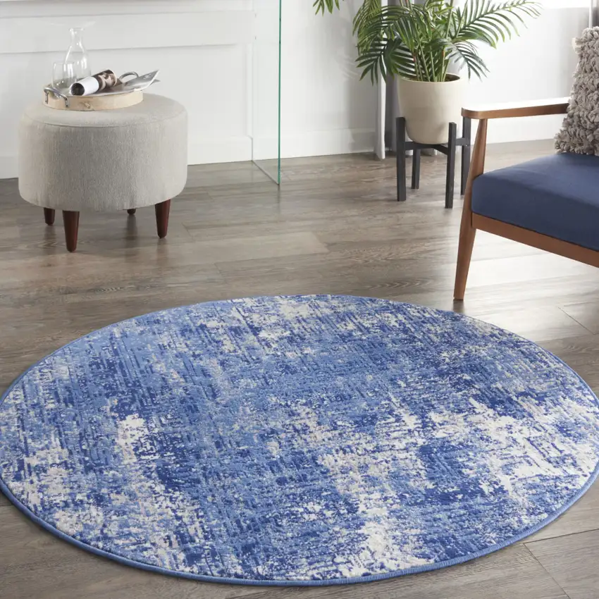 5' Ivory and Blue Abstract Distressed Round Rug Photo 5