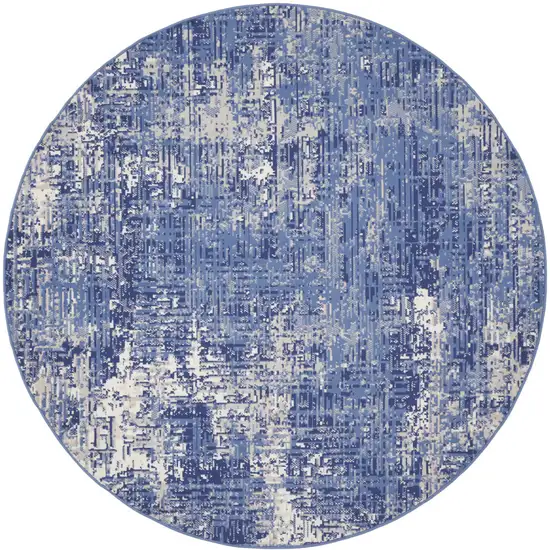 8' Ivory and Blue Abstract Distressed Round Rug Photo 1