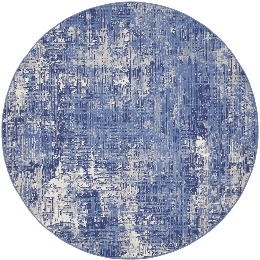 8' Ivory and Blue Abstract Distressed Round Rug Photo 1