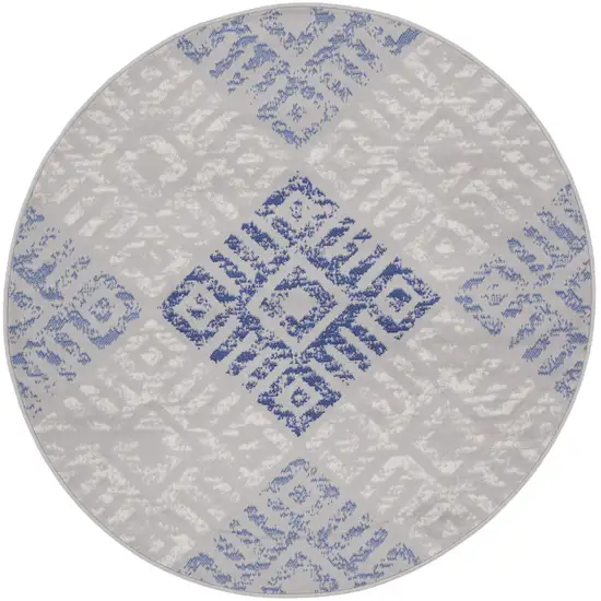 5' Ivory and Blue Abstract Geometric Distressed Round Rug Photo 1