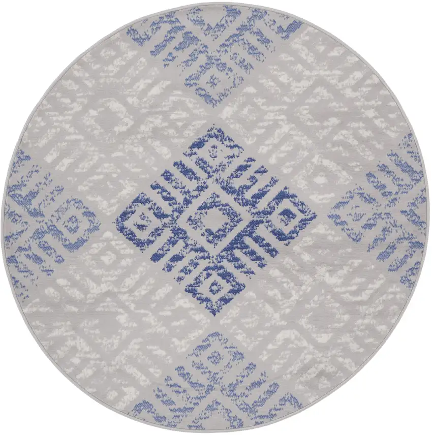 5' Ivory and Blue Abstract Geometric Distressed Round Rug Photo 1