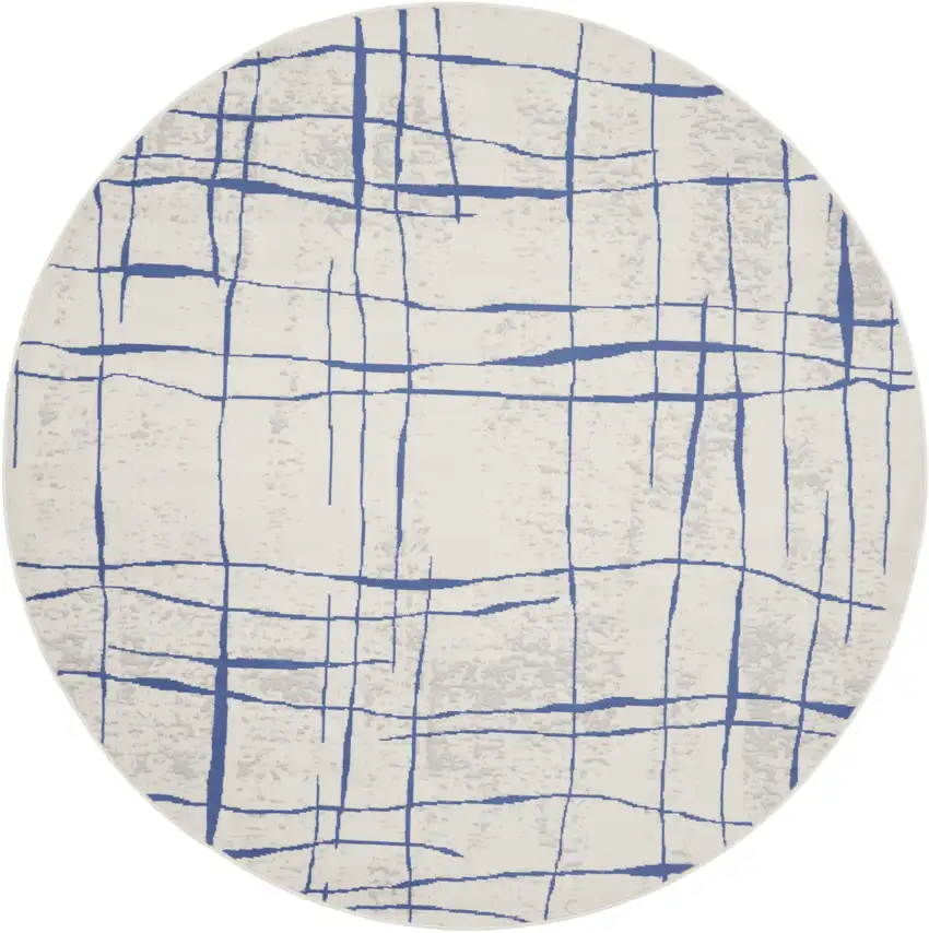 5' Ivory and Blue Abstract Geometric Distressed Round Rug Photo 2