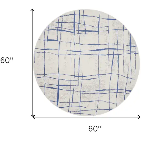 5' Ivory and Blue Abstract Geometric Distressed Round Rug Photo 3