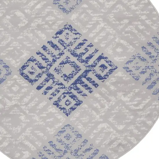5' Ivory and Blue Abstract Geometric Distressed Round Rug Photo 3