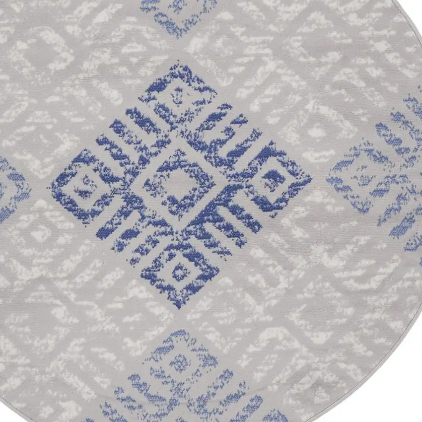 5' Ivory and Blue Abstract Geometric Distressed Round Rug Photo 3