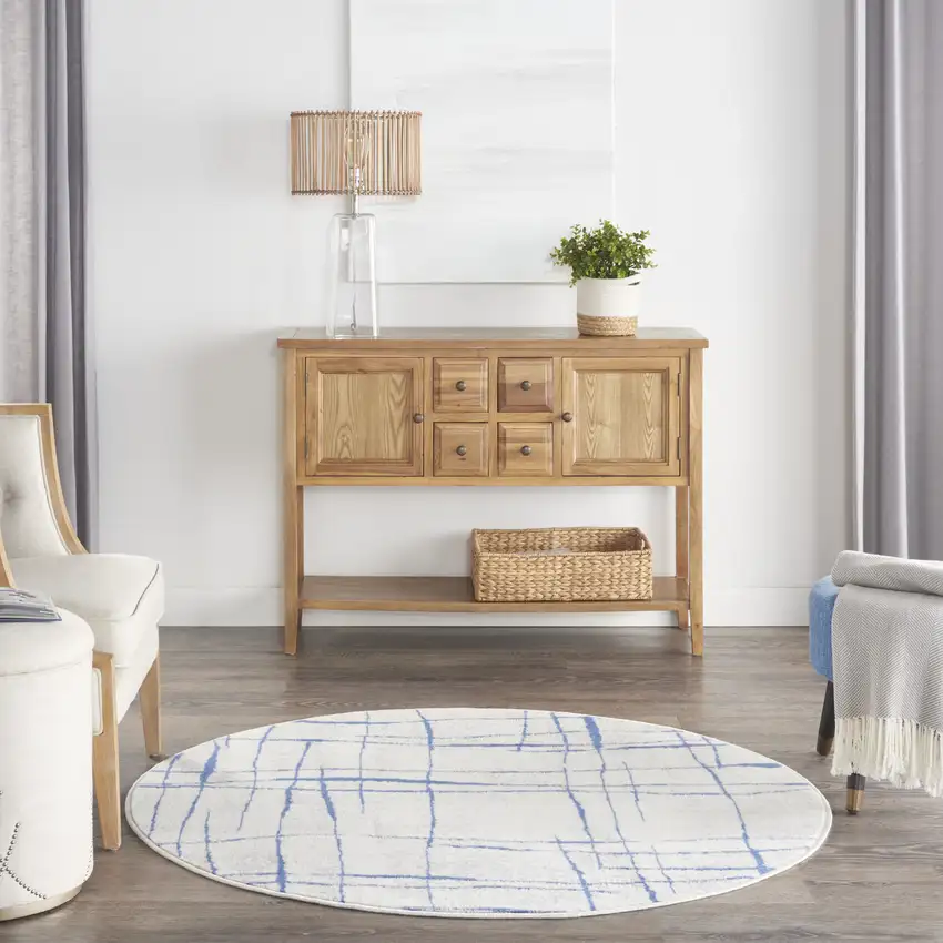 5' Ivory and Blue Abstract Geometric Distressed Round Rug Photo 5