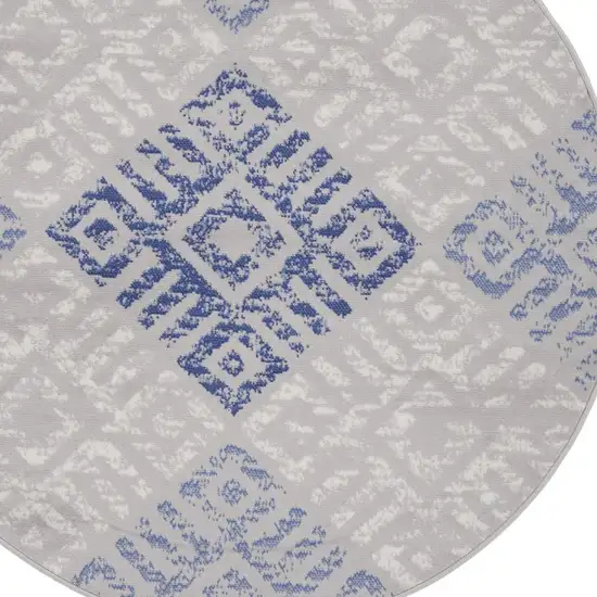 5' Ivory and Blue Abstract Geometric Distressed Round Rug Photo 6