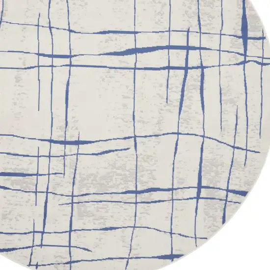5' Ivory and Blue Abstract Geometric Distressed Round Rug Photo 5