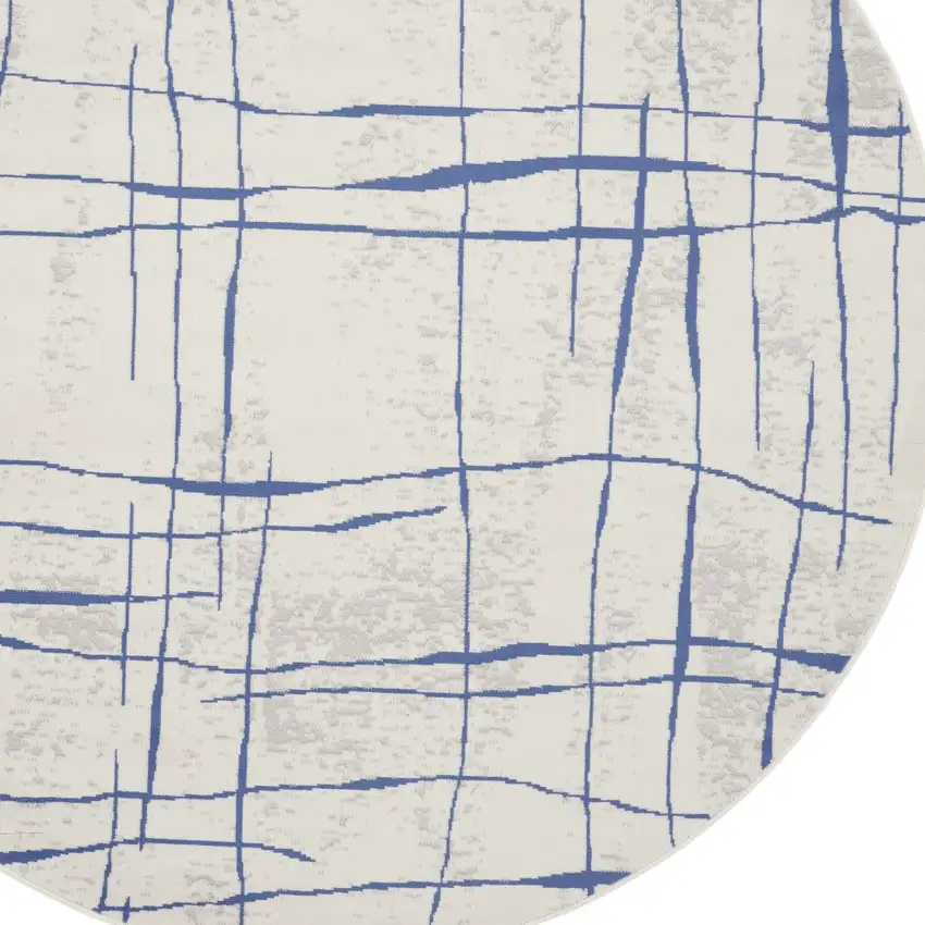 5' Ivory and Blue Abstract Geometric Distressed Round Rug Photo 5