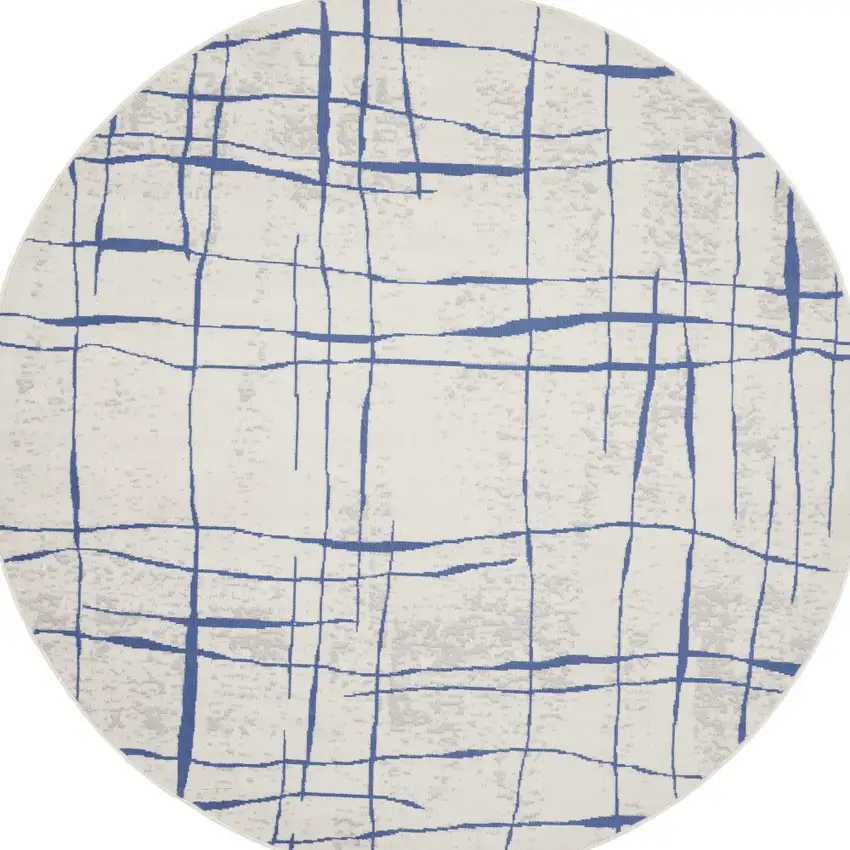 5' Ivory and Blue Abstract Geometric Distressed Round Rug Photo 6