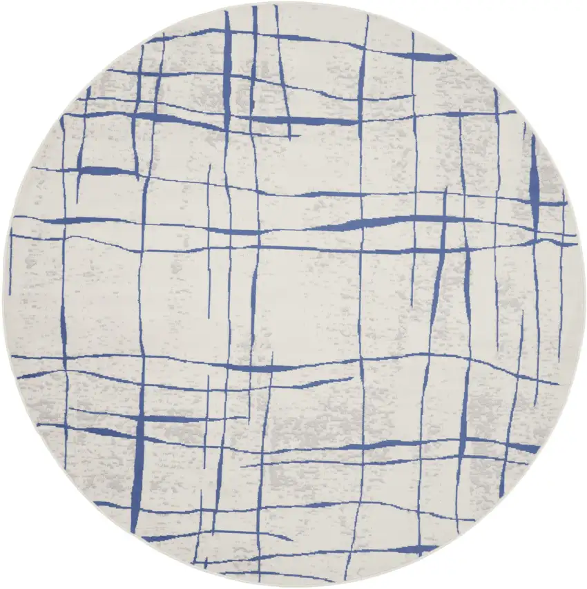 5' Ivory and Blue Abstract Geometric Distressed Round Rug Photo 8