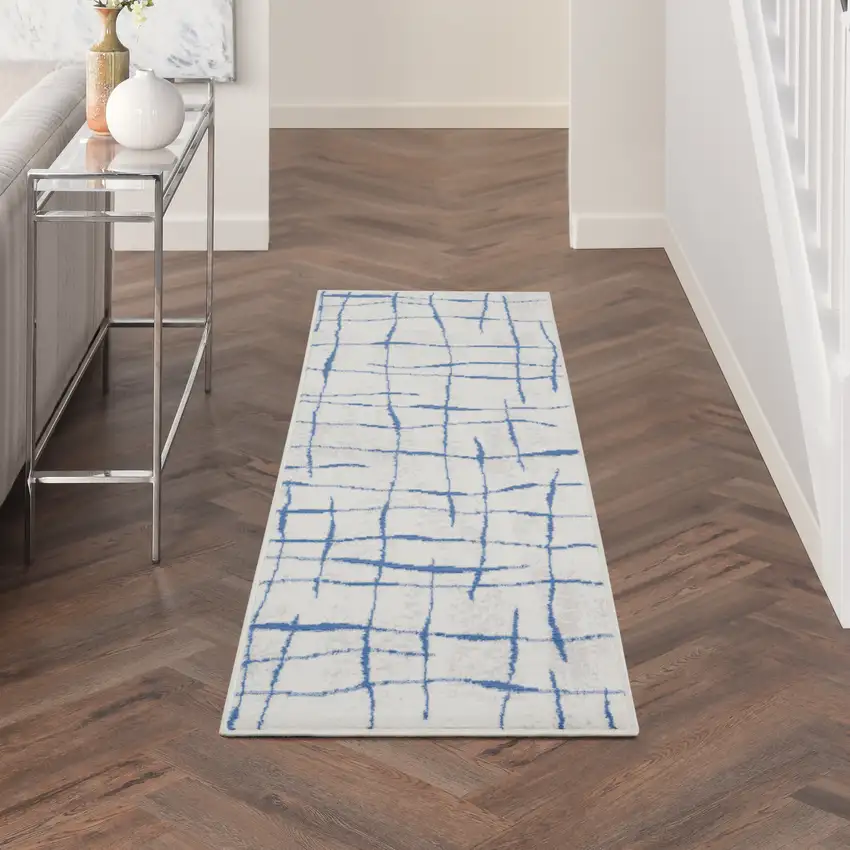 6' Ivory and Blue Abstract Geometric Distressed Runner Rug Photo 3