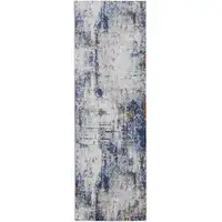 Photo of 8' Ivory and Blue Abstract Power Loom Distressed Runner Rug