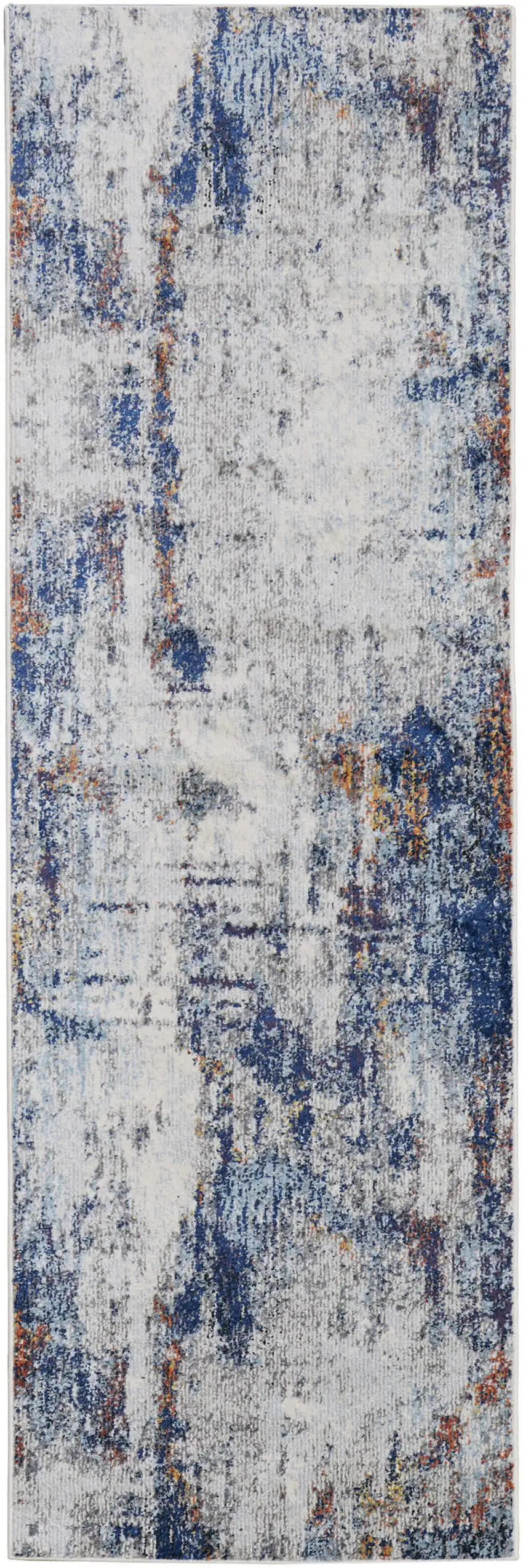 8' Ivory and Blue Abstract Power Loom Distressed Runner Rug Photo 1