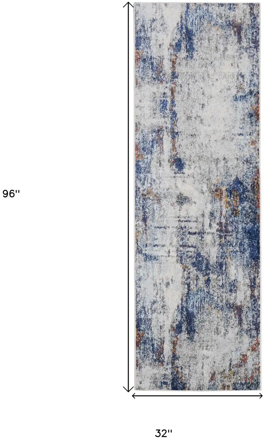 8' Ivory and Blue Abstract Power Loom Distressed Runner Rug Photo 6