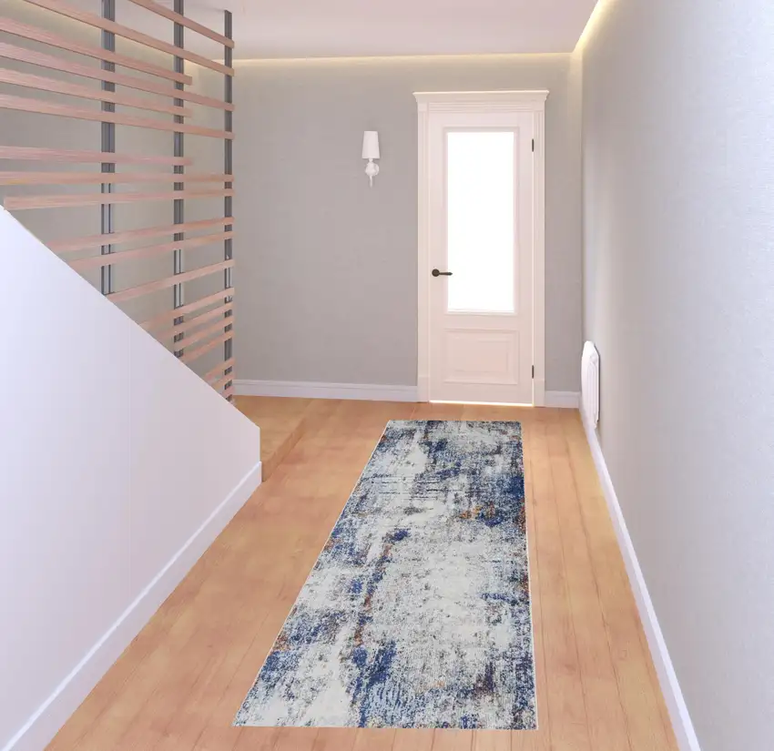 8' Ivory and Blue Abstract Power Loom Distressed Runner Rug Photo 2