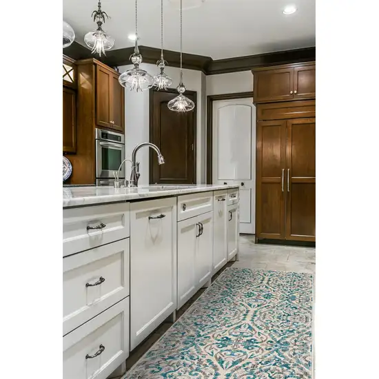 8' Ivory and Blue Abstract Power Loom Runner Rug Photo 8