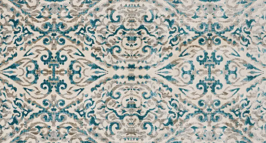 8' Ivory and Blue Abstract Power Loom Runner Rug Photo 9