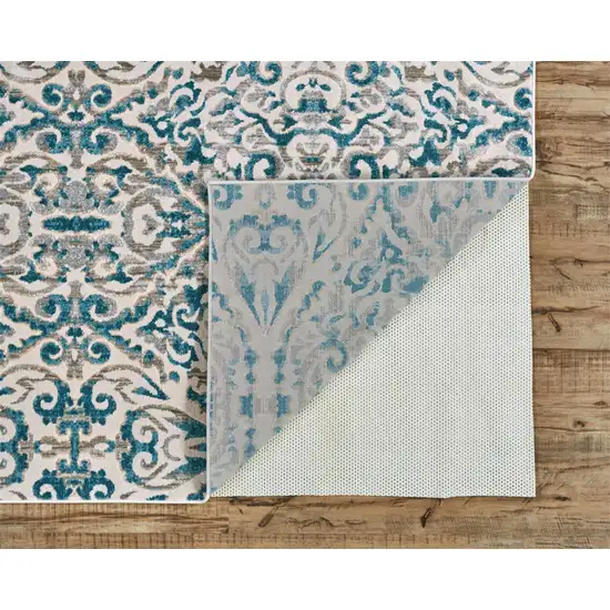 8' Ivory and Blue Abstract Power Loom Runner Rug Photo 6