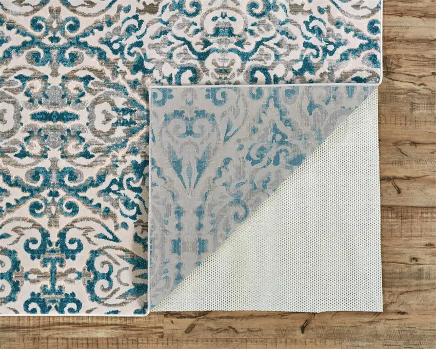 8' Ivory and Blue Abstract Power Loom Runner Rug Photo 6