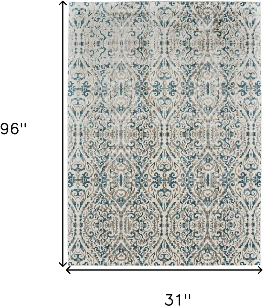 8' Ivory and Blue Abstract Power Loom Runner Rug Photo 3