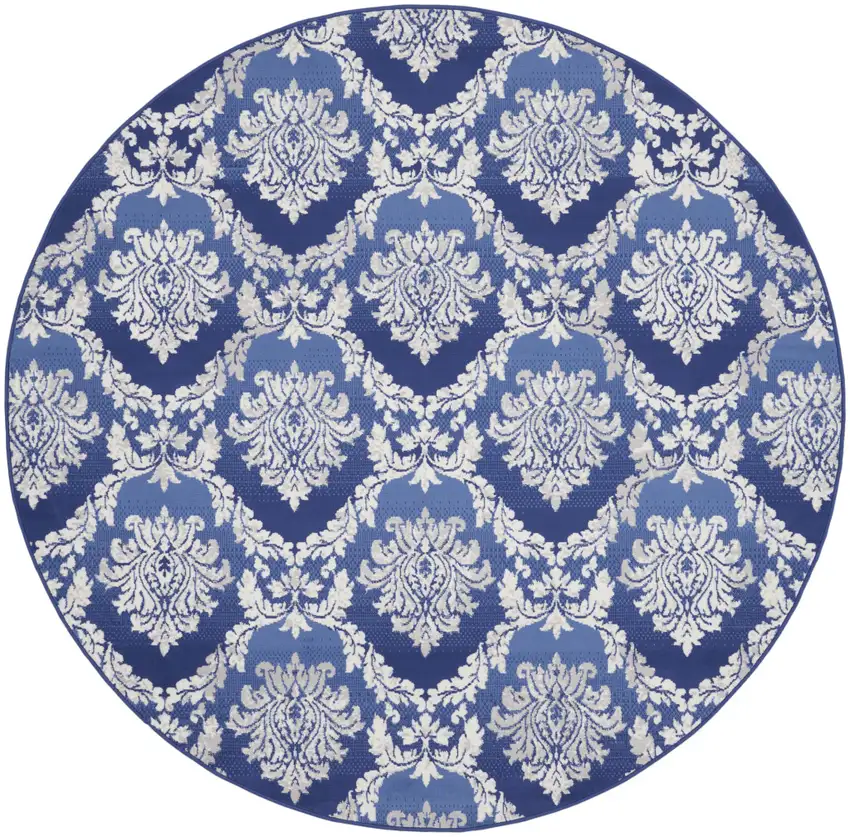 8' Ivory and Blue Damask Distressed Round Rug Photo 2