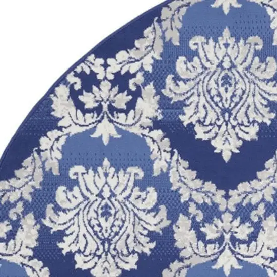 8' Ivory and Blue Damask Distressed Round Rug Photo 3