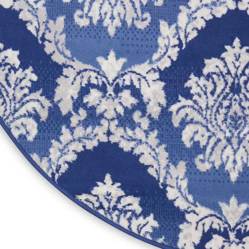 8' Ivory and Blue Damask Distressed Round Rug Photo 9