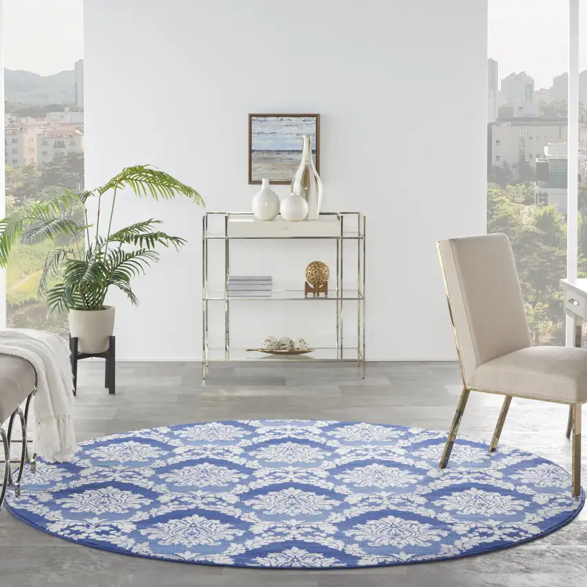 8' Ivory and Blue Damask Distressed Round Rug Photo 6
