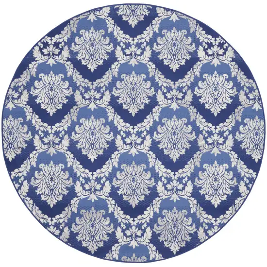 8' Ivory and Blue Damask Distressed Round Rug Photo 4