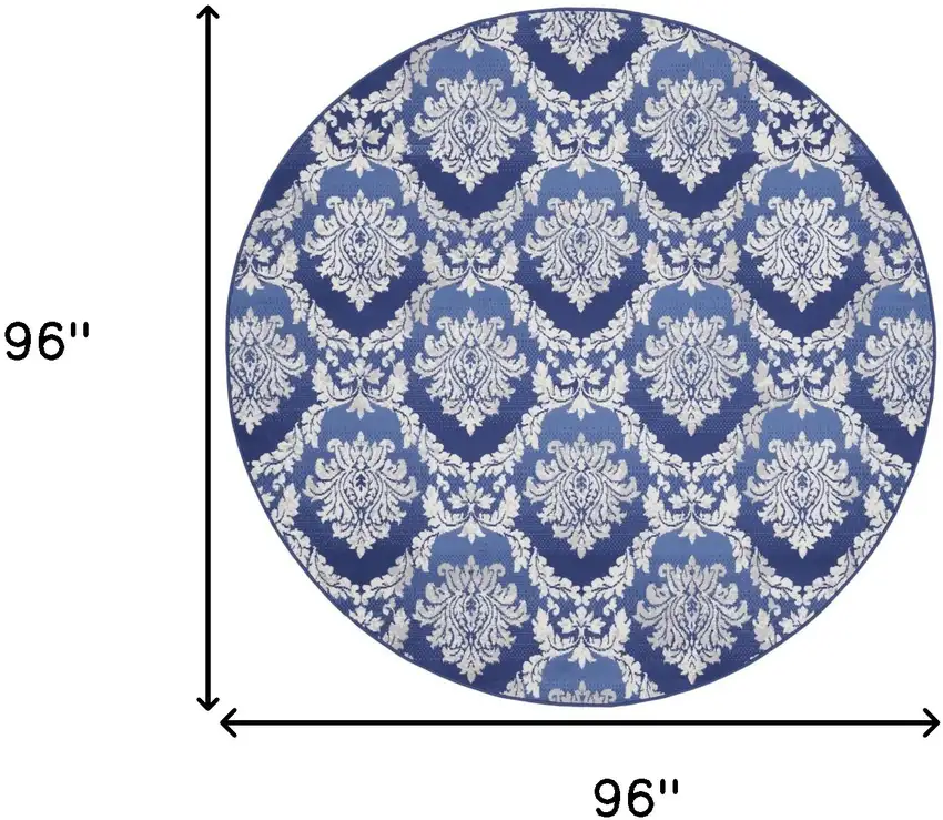 8' Ivory and Blue Damask Distressed Round Rug Photo 3