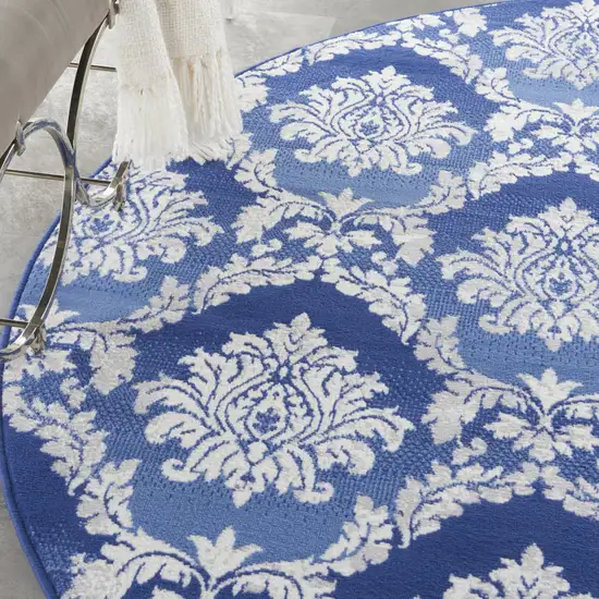 8' Ivory and Blue Damask Distressed Round Rug Photo 8