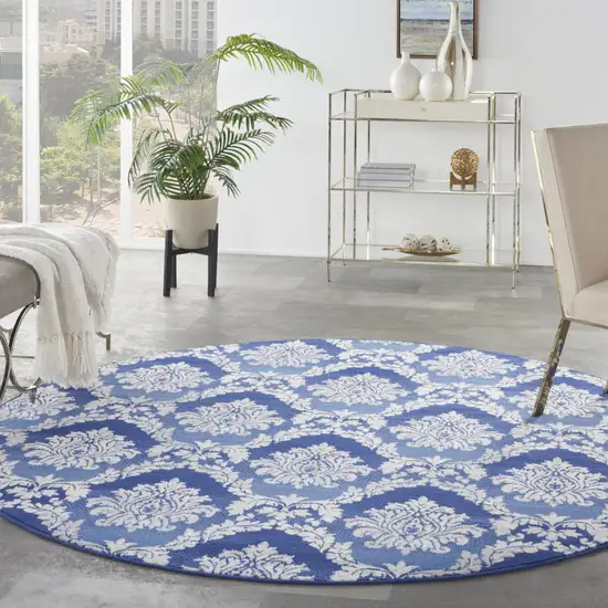 8' Ivory and Blue Damask Distressed Round Rug Photo 5