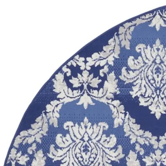 8' Ivory and Blue Damask Distressed Round Rug Photo 7