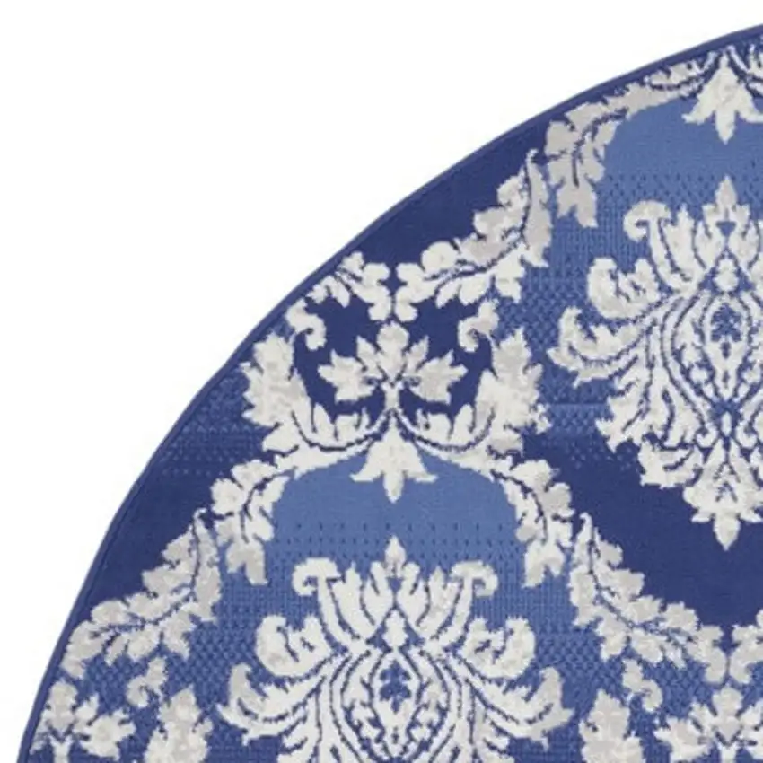 8' Ivory and Blue Damask Distressed Round Rug Photo 7