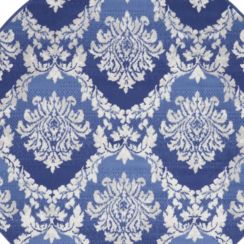 5' Ivory and Blue Damask Distressed Round Rug Photo 4