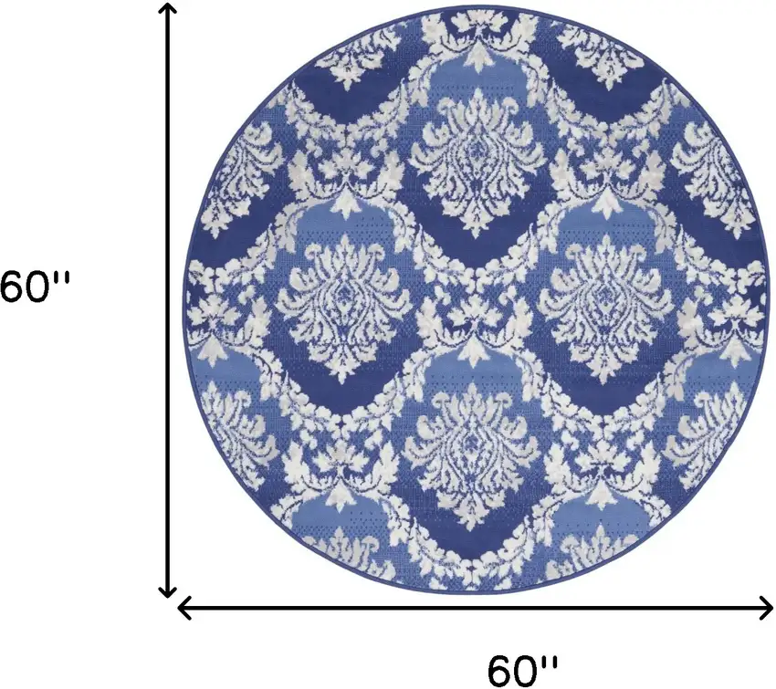 5' Ivory and Blue Damask Distressed Round Rug Photo 3
